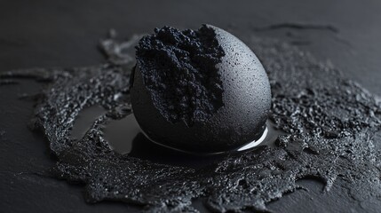 Avant-garde dessert made with edible charcoal and liquid nitrogen, isolated on a sleek black surface