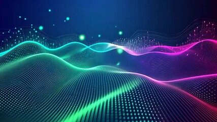 Poster - Video with a digital abstract landscape in shades of blue, purple, and pink, composed of undulating waves and glowing points against a dark blue background. The visual depicts energy and movement