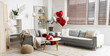 © Pixel-Shot - Interior of living room decorated for Valentine's Day with balloons and sofas