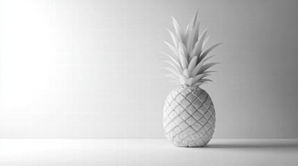 Fototapete - Pineapple standing alone on a white table against a soft light background in a minimalistic setting. Generative AI