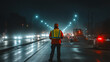 © BURINKUL - Evening roadwork scene with a worker directing traffic under bright portable floodlights, creating a dynamic atmosphere