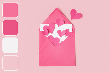 Canvas Print - Pink envelope with card and paper hearts on color background. Valentine's Day celebration