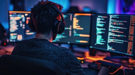 Night Coder: Focused Programmer Working on Multiple Screens