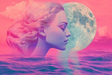 A vibrant double exposure artwork featuring two elegant women's faces with wavy hairstyles, blending colors and artistic elegance.