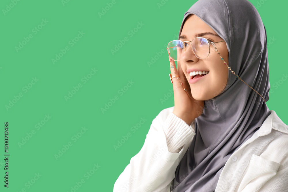 Young Muslim woman on green background, closeup
