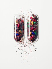 Aufkleber - Colorful particles spill from split capsule showcasing vibrant colors and textures in a minimalistic setting. Generative AI