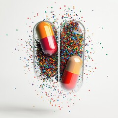 Poster - Colorful particles spilling out of a split capsule in a vibrant display of design and creativity. Generative AI