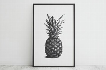 Poster - Black and white artistic drawing of a pineapple in a modern frame displayed on a light wall. Generative AI