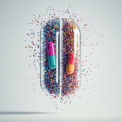 Aufkleber - Colorful particles burst from split capsule in creative and vibrant display of energy and motion. Generative AI