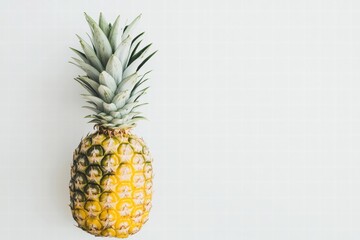 Aufkleber - Fresh pineapple resting on a white surface showcasing vibrant yellow and green colors with spiky leaves and textured skin. Generative AI