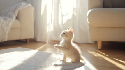 Poster - Playful kitten enjoying sunshine in a cozy living room while playfully exploring its surroundings. Generative AI