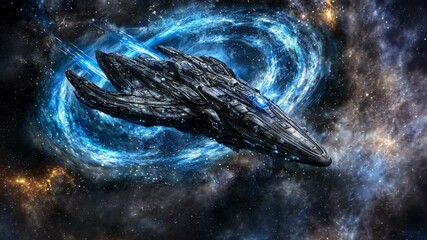 Wall Mural - Spaceship travels through a vibrant cosmic landscape with swirling galaxies and bright stars at night