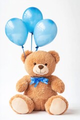 Wall Mural - Adorable Watercolor Brown Teddy Bear Holding Sky Blue Balloons for Baby Shower Invitations