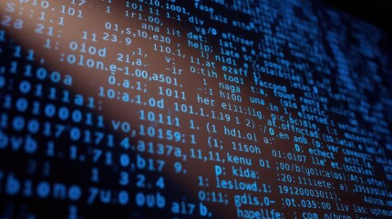 Close-up of a computer screen displaying lines of code. Blue text on a dark background.  Intricate details of programming language.
