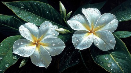 Wall Mural - Dew-kissed white plumeria blossoms.