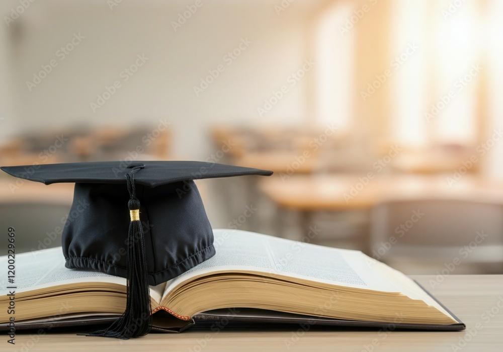 Black graduation cap placed on an open book in a blurred classroom ...