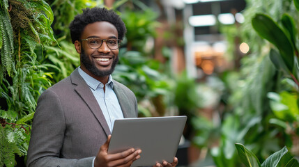 Wall Mural - A young professional in business casual, holding a laptop