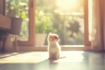 Poster - Kitten playing joyfully in a bright and sunny living room filled with warm light. Generative AI