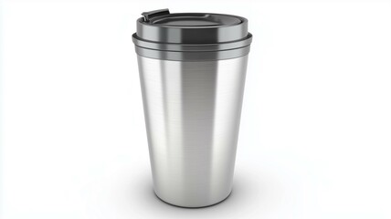 Wall Mural - High-quality image of a silver stainless steel travel mug with a secure lid, isolated on a white background
