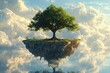 © serdon - In a tranquil setting, a floating island with a tree and its submerged roots in water hovers, framed by a cloudy sky