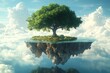 © serdon - A floating island is suspended in a serene landscape, featuring a tree with its roots visible and submerged in water, all against a backdrop of cloudy sky