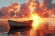 © serdon - Under the dramatic sky of sunset, a serene boat moves calmly on tranquil waters, reflecting peace and solitude