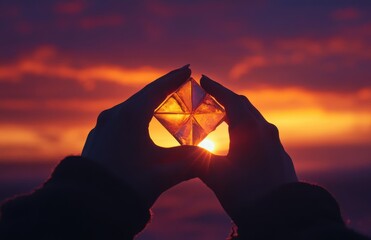 Hands cupping the sun with an open cross in front of it, a sunrise background, symbolizing hope and kinship for Easter