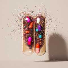 Poster - Colorful particles spill out from split capsule creating an eye catching display of vibrant hues. Generative AI