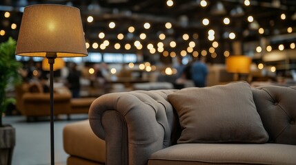 Wall Mural - A cozy tufted gray sofa paired with a standing lamp, showcased in an indoor rummage sale, with warm ambient lighting and blurred background activity creating an inviting and stylish scene