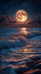 Wall Mural - Serene waves night ocean moonlit beach high resolution hd image