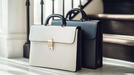 black and white briefcases stand in a room on the floor, an example of different points of view, opposites