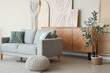 © Pixel-Shot - Interior of light living room with grey sofa, olive tree and chest of drawers
