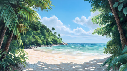 Wall Mural - Serene tropical beach scene with lush greenery, calm ocean, and clear blue sky; ideal for travel, vacation, or relaxation themes. Lush Tropical Paradise. Illustration