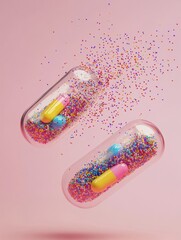 Aufkleber - Split capsule with colorful particles spilling and creating a vibrant display in a soft pink background. Generative AI