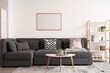 © Pixel-Shot - Interior of beautiful living room with black sofa, coffee table, houseplant and shelving unit