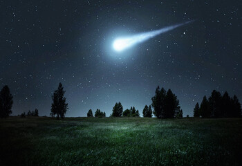 Wall Mural - night scene with a comet, asteroid, meteorite flying to earth. night landscape. elements of this ima