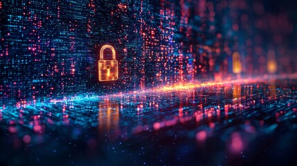 Concept of cybersecurity data protection technology, showcasing an internet connection and online network. In the middle, there is a prominent shield, accompanied by binary code polygons and icons