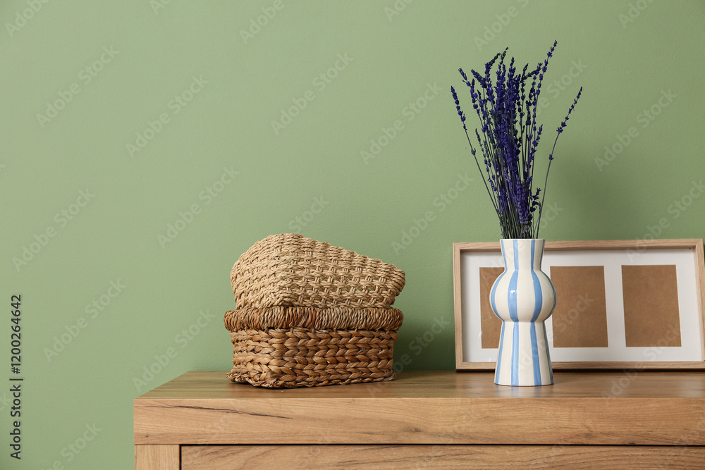 Vase with lavender flowers, frame and baskets on commode near green wall