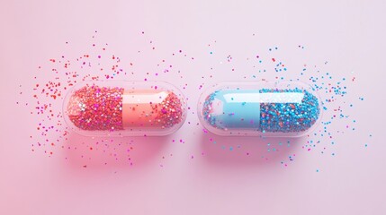 Poster - Colorful particles pour from a split capsule creating a vibrant display on a pastel background. Generative AI