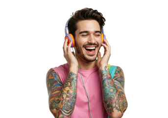 A colorful man wearing colorful headphones and enjoying music with a joyful smile , isolated on transparent background PNG