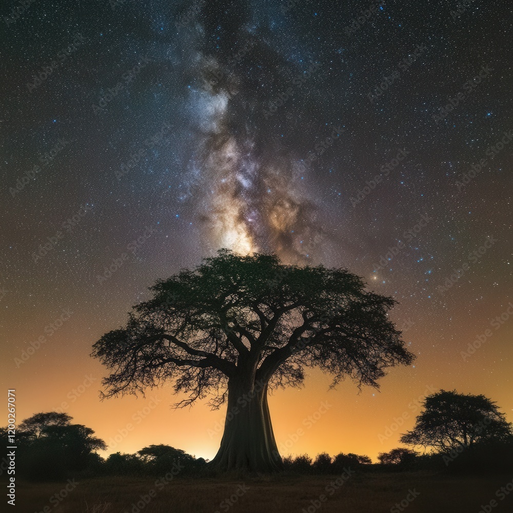 Baobab Tree Under the Starry Night Sky with the Milky Way as a ...