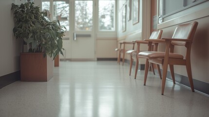 Wall Mural - Vintage-style hospital hallway with wooden chairs and antique sconces.