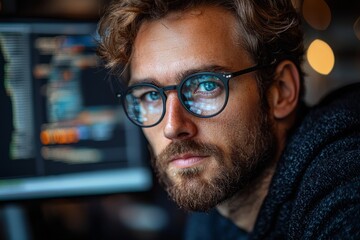 A man, who is a programmer, works on a laptop screen late at night in the office, focusing on networking, malware, or software development