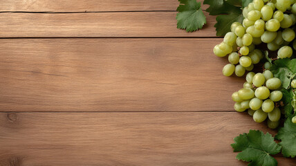 Wall Mural - Fresh green grapes with leaves on wooden table