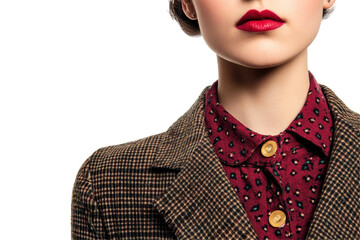 Poster - Stylish woman wearing brown checkered blazer and red polka dot blouse, showcasing a bold lip look against a transparent background