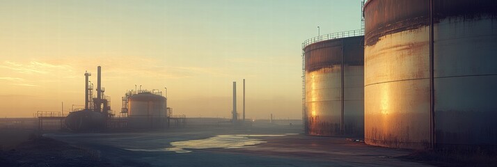 Poster - Oil storage tanks reflect the sunrise in an industrial landscape. Generative AI