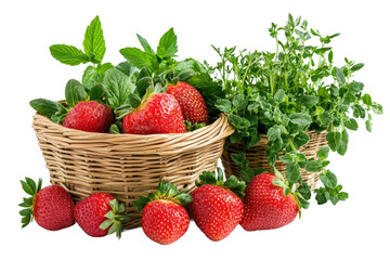 Wall Mural - Fresh strawberries and herbs gathered in woven baskets isolated on transparent background