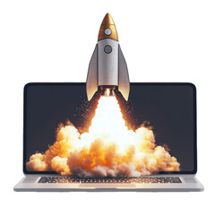 Wall Mural - rocket exiting laptop screen on transparent background, png