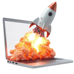 Wall Mural - rocket exiting laptop screen on transparent background, png