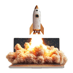 Wall Mural - rocket exiting laptop screen on transparent background, png